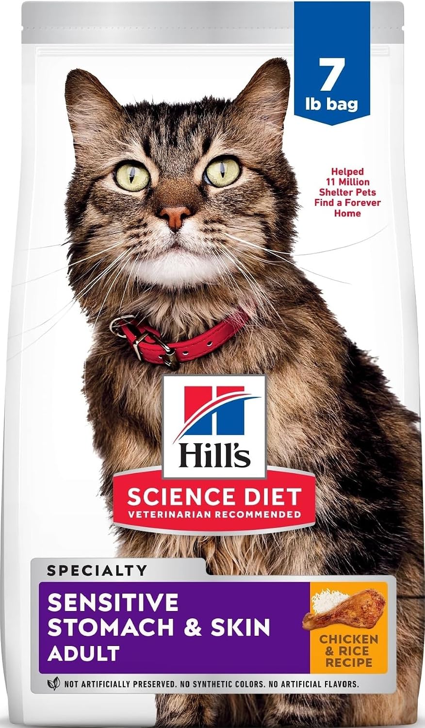 Hill's Science Diet Sensitive Stomach & Skin Dry Cat Food | #1 Veterinarian Recommended, Adult Formula, Chicken & Rice, 7 lb. Bag (Updated Formula)