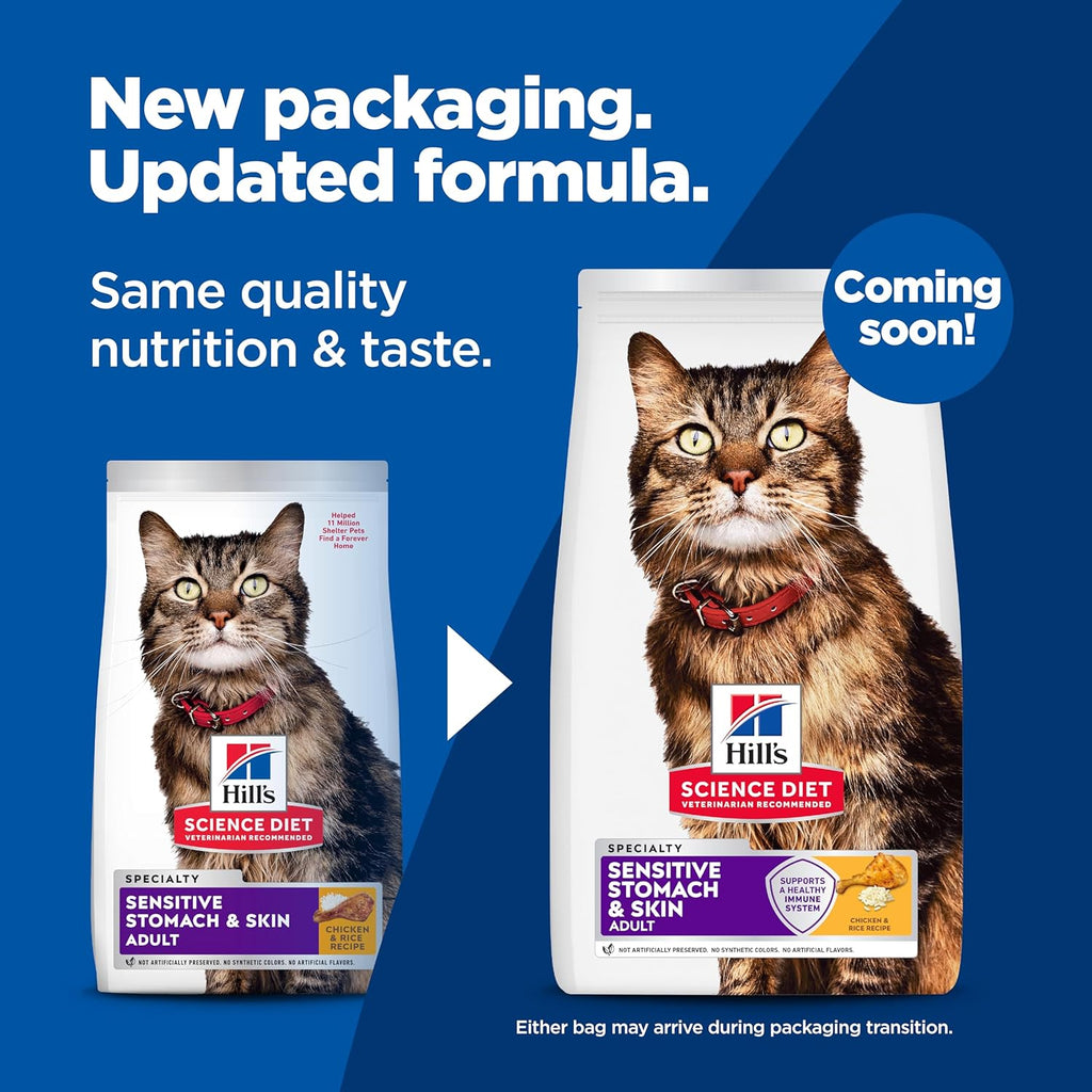Hill's Science Diet Sensitive Stomach & Skin Dry Cat Food | #1 Veterinarian Recommended, Adult Formula, Chicken & Rice, 7 lb. Bag (Updated Formula)