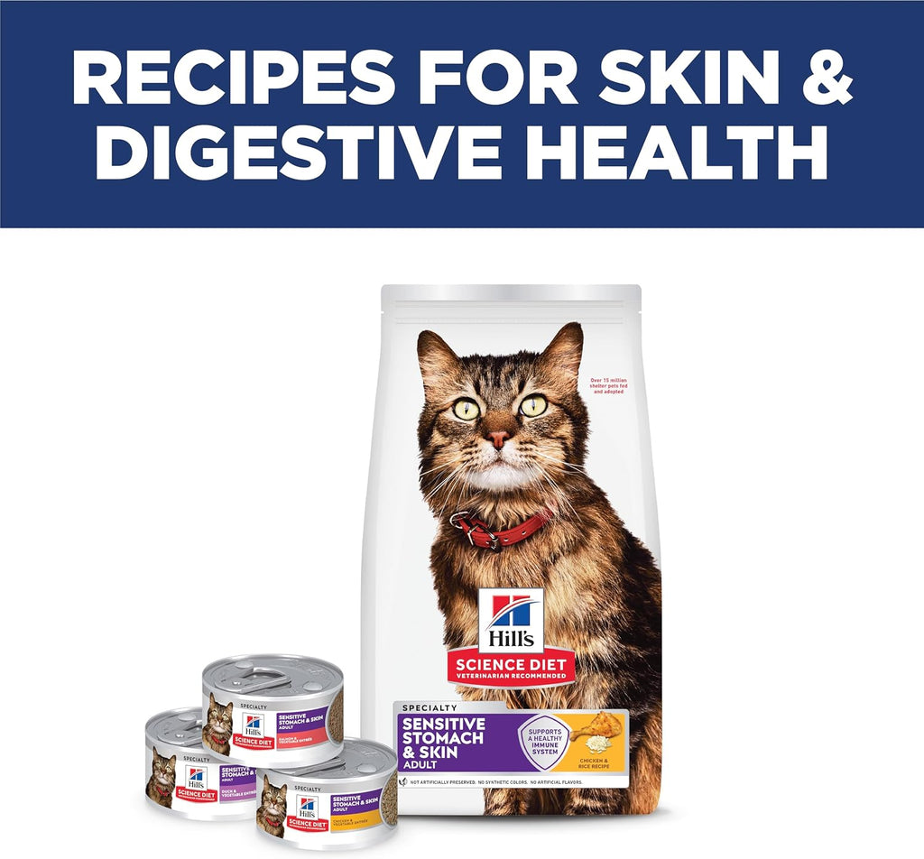 Hill's Science Diet Sensitive Stomach & Skin Dry Cat Food | #1 Veterinarian Recommended, Adult Formula, Chicken & Rice, 7 lb. Bag (Updated Formula)